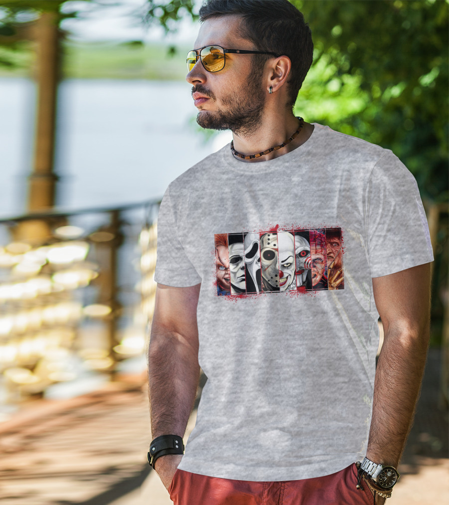 Chucky Ghostface Jason Voorhees Pennywise Jigsaw Pinhead Freddy Krueger Horror Movie Characters T-Shirt