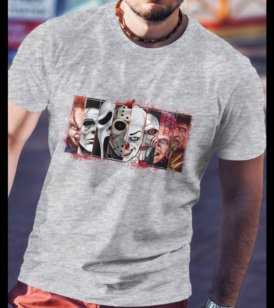 Chucky Ghostface Jason Voorhees Pennywise Jigsaw Pinhead Freddy Krueger Horror Movie Characters T-Shirt