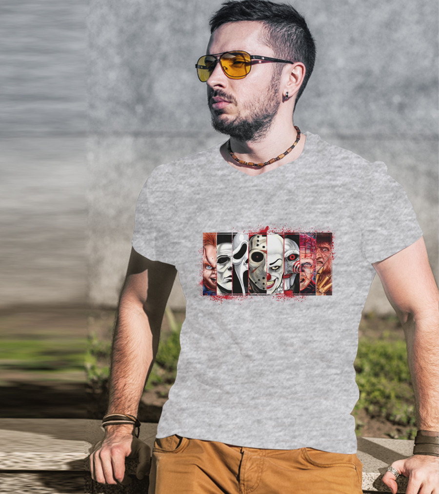Chucky Ghostface Jason Voorhees Pennywise Jigsaw Pinhead Freddy Krueger Horror Movie Characters T-Shirt
