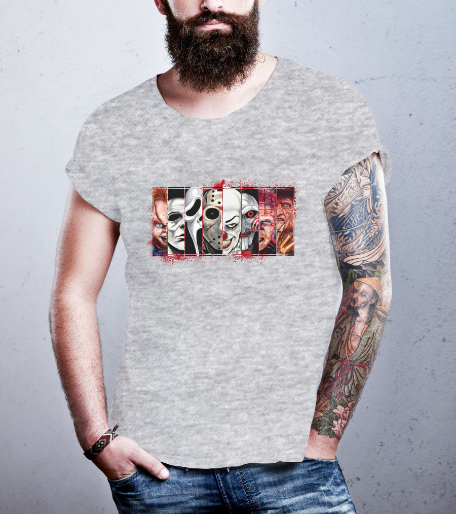 Chucky Ghostface Jason Voorhees Pennywise Jigsaw Pinhead Freddy Krueger Horror Movie Characters T-Shirt