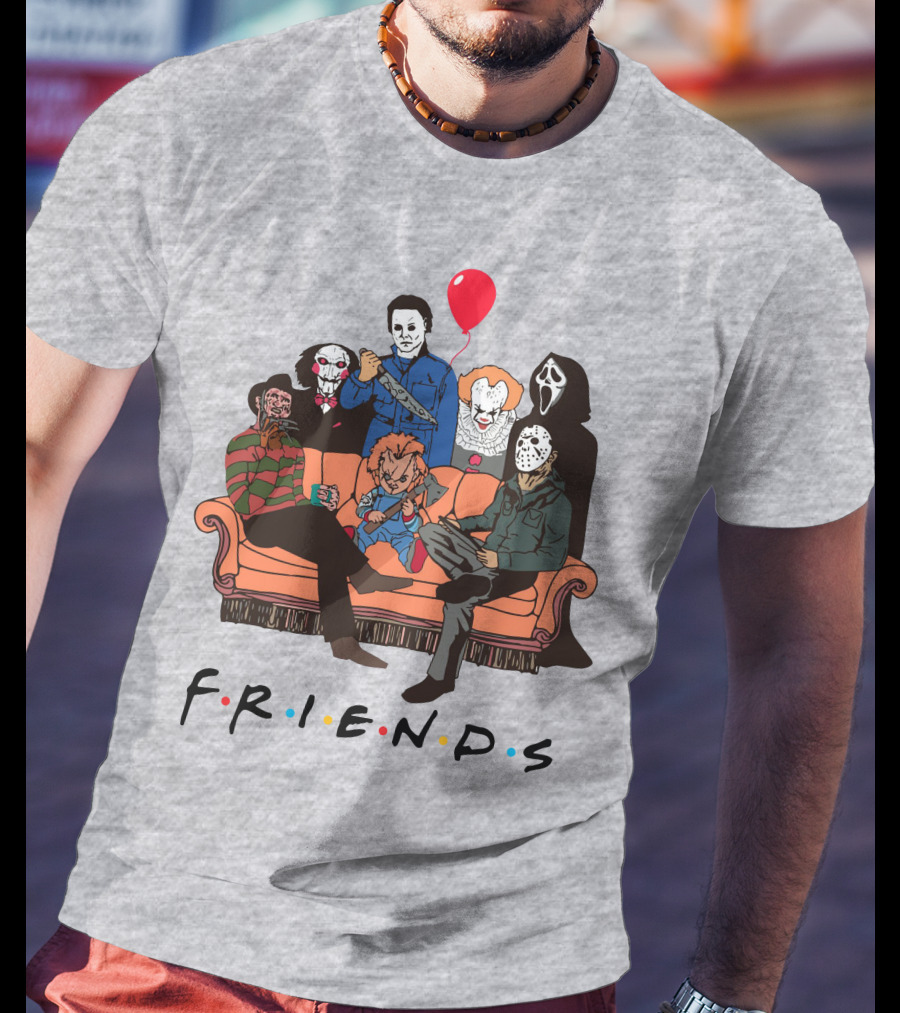 Famous Horror Movie Killers Characters Friends Sitting On Couch With Red Balloon T-Shirt