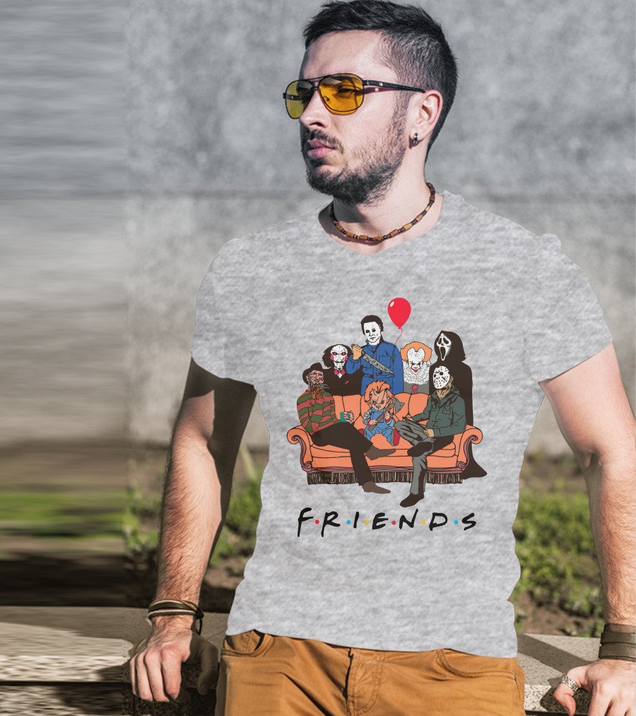 Famous Horror Movie Killers Characters Friends Sitting On Couch With Red Balloon T-Shirt