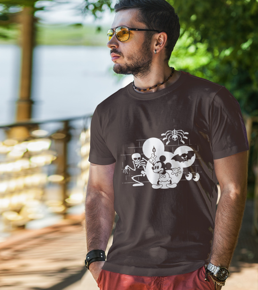 Mickey Mouse Haunted Halloween Mansion With Skeleton And Bat T-Shirt