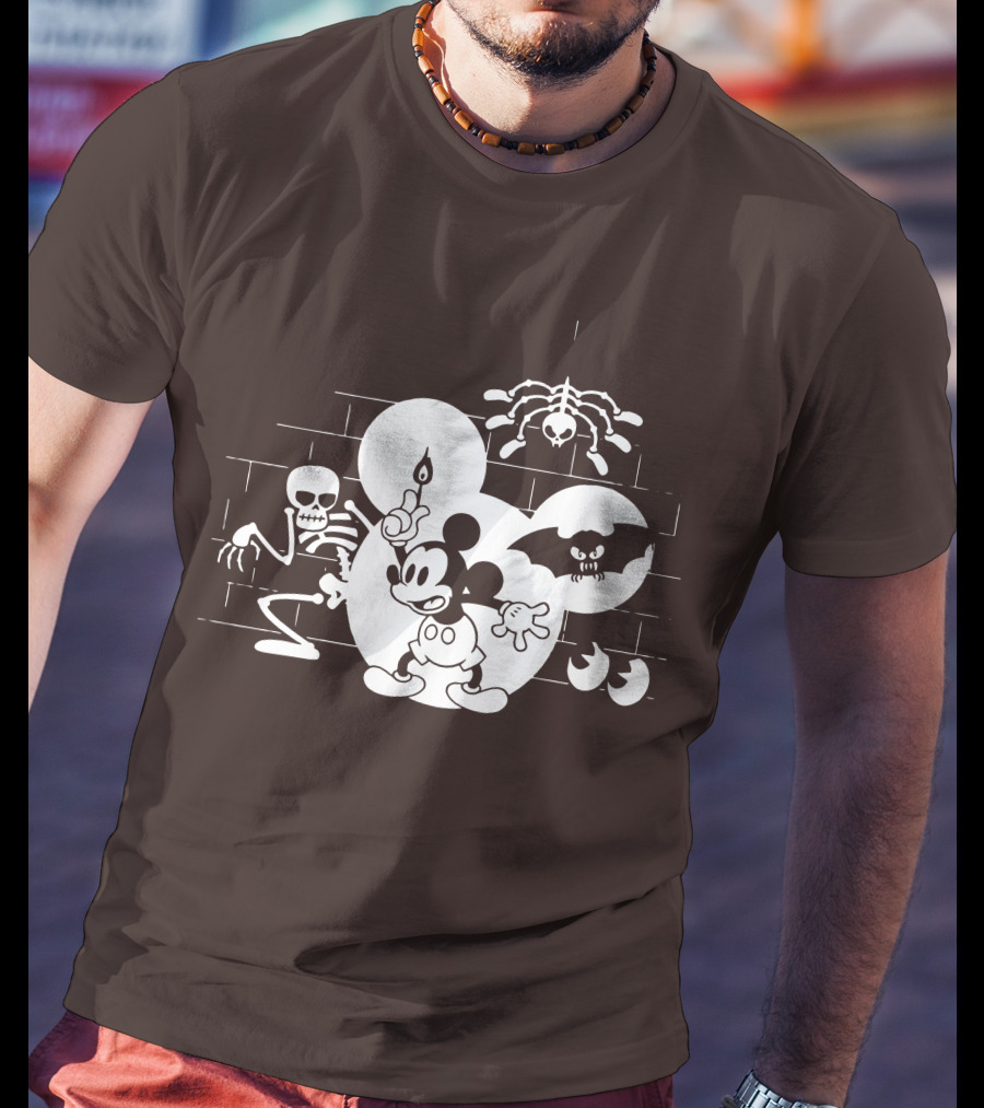 Mickey Mouse Haunted Halloween Mansion With Skeleton And Bat T-Shirt