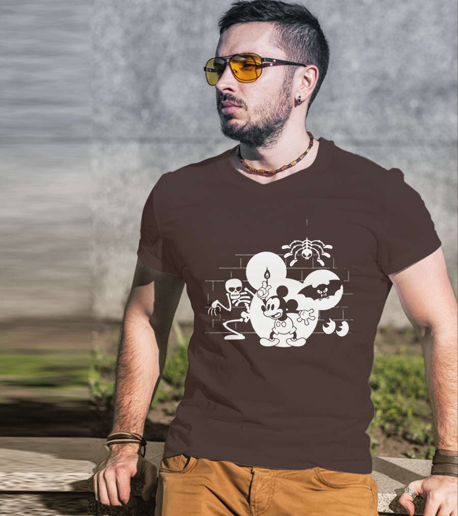 Mickey Mouse Haunted Halloween Mansion With Skeleton And Bat T-Shirt