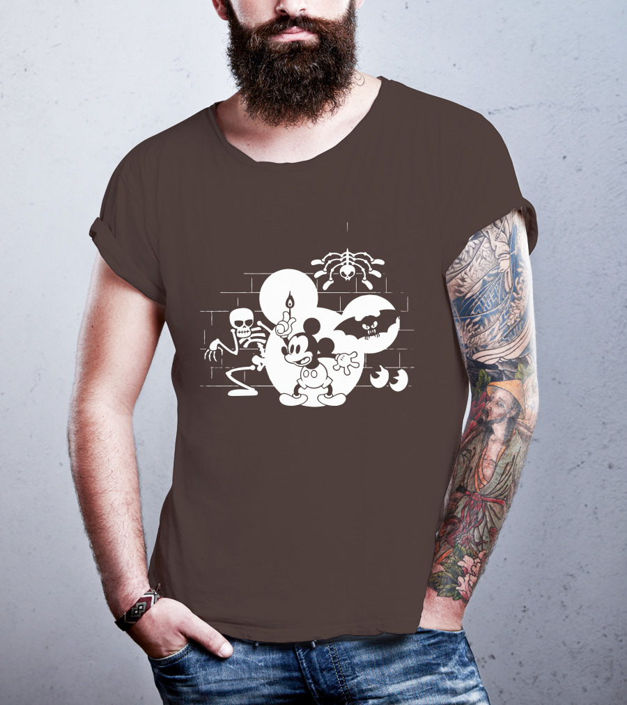 Mickey Mouse Haunted Halloween Mansion With Skeleton And Bat T-Shirt