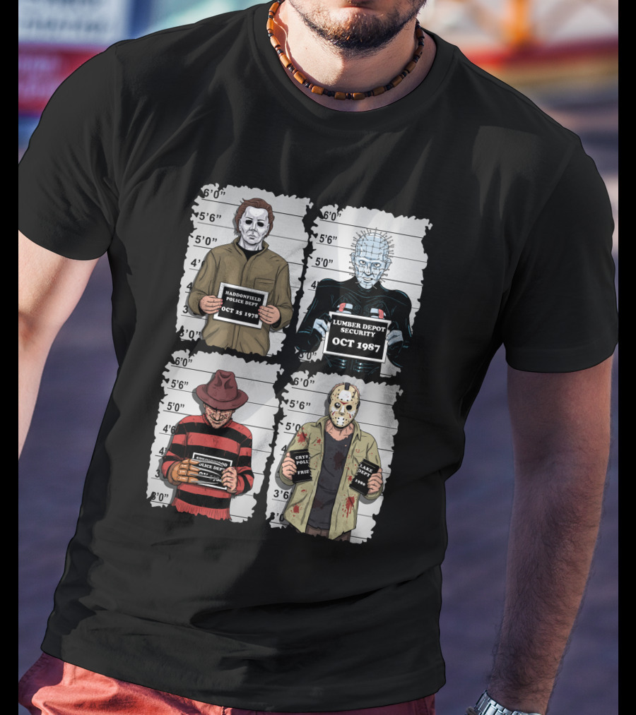 Horror Movie Characters Mugshot Haddonfield Lumber Depot Freddy Elm Street Lake Crystal T-Shirt