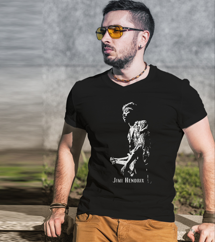Jimi Hendrix Black And White Guitar T-Shirt