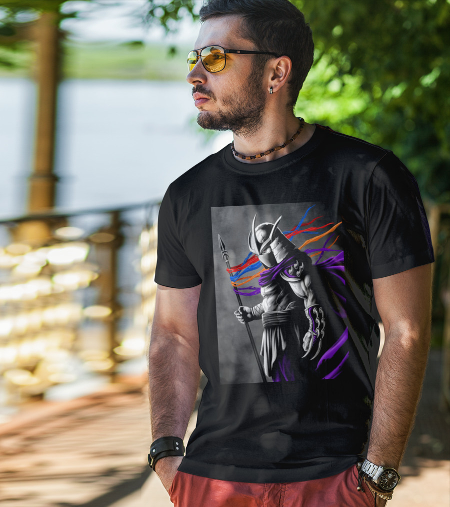 Shredder Villain With Spear And Flowing Cape In Colorful Ribbons T-Shirt