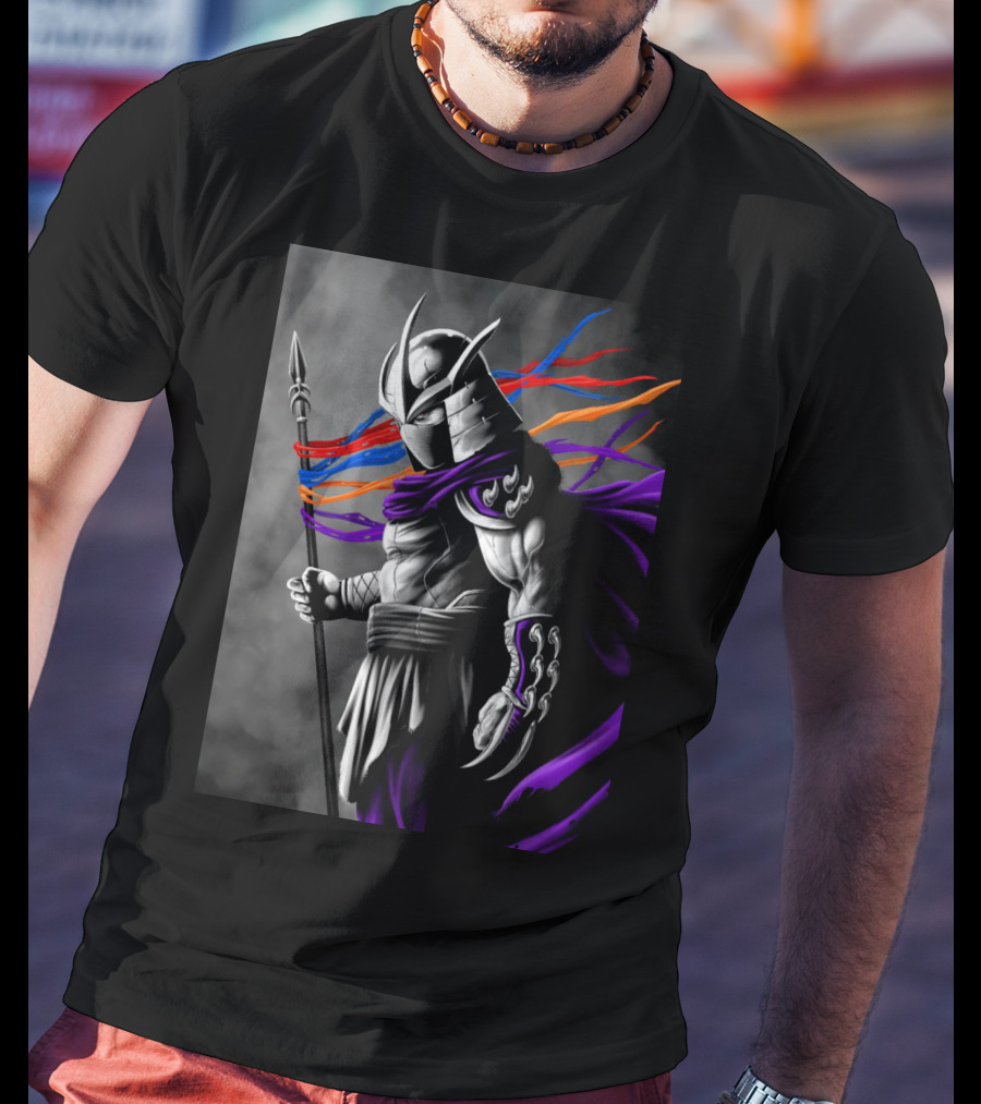 Shredder Villain With Spear And Flowing Cape In Colorful Ribbons T-Shirt