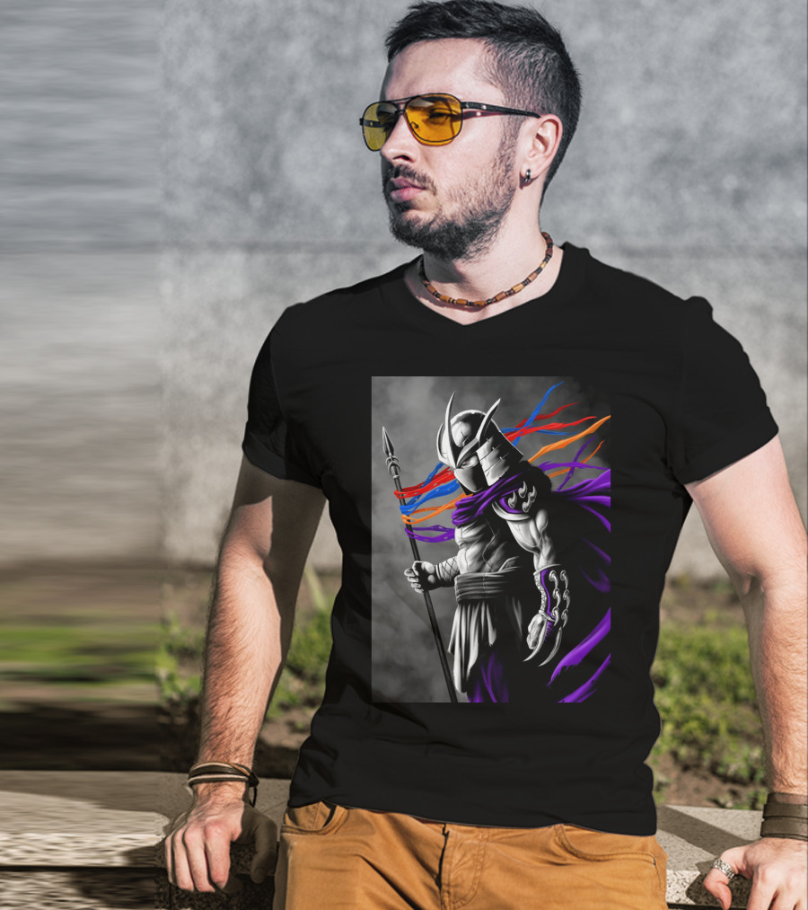 Shredder Villain With Spear And Flowing Cape In Colorful Ribbons T-Shirt