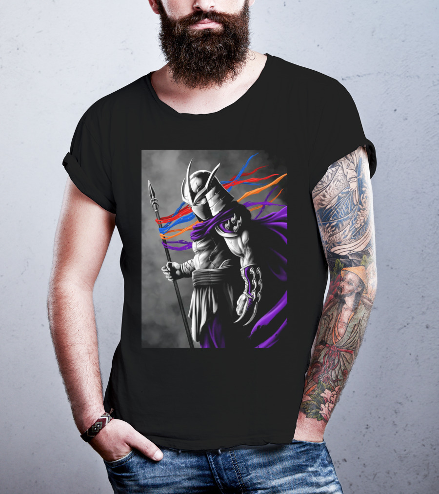 Shredder Villain With Spear And Flowing Cape In Colorful Ribbons T-Shirt