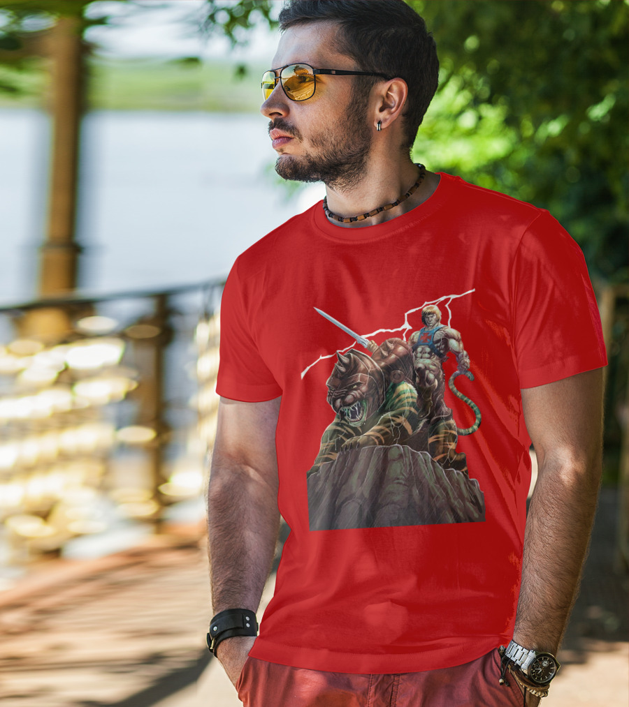 He-Man Masters Of The Universe Sword And Battle Cat On Rock With Lightning T-Shirt