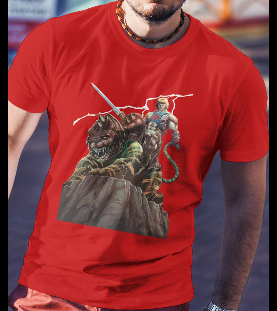 He-Man Masters Of The Universe Sword And Battle Cat On Rock With Lightning T-Shirt