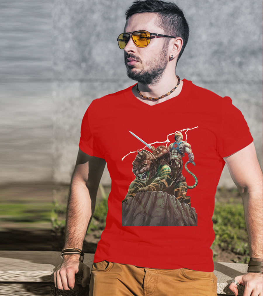 He-Man Masters Of The Universe Sword And Battle Cat On Rock With Lightning T-Shirt