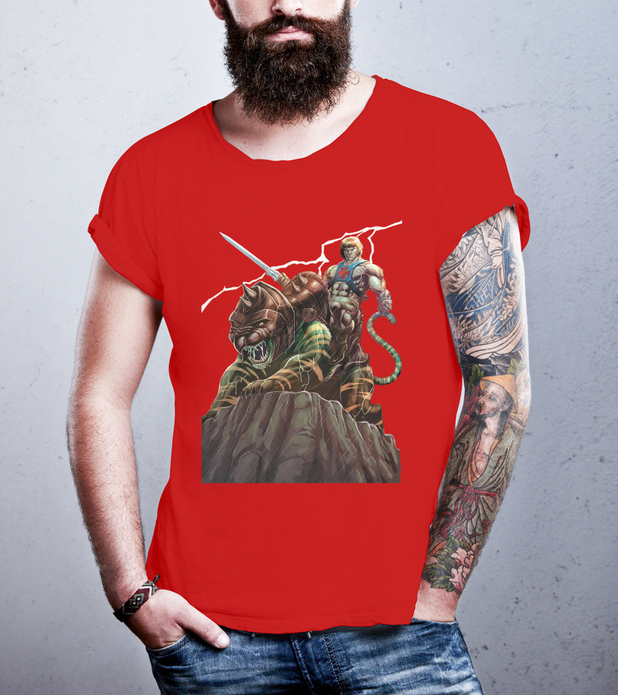 He-Man Masters Of The Universe Sword And Battle Cat On Rock With Lightning T-Shirt