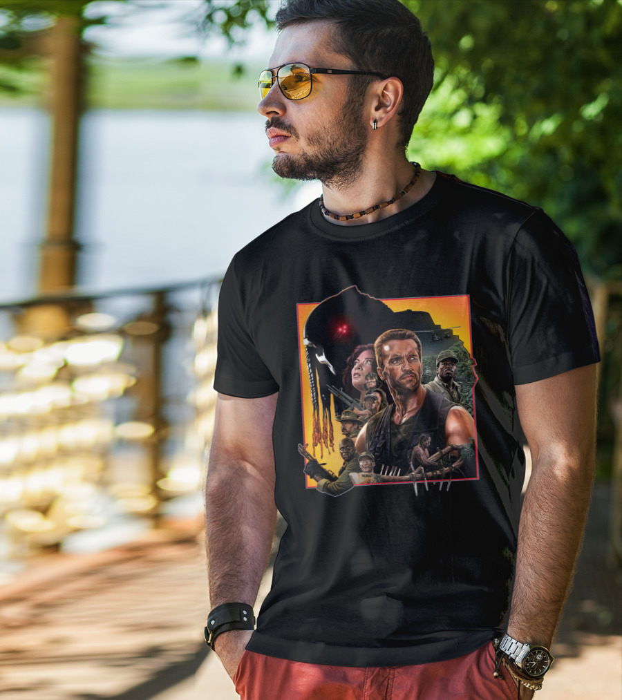 Predator Movie Characters And Jungle Battle Scene T-Shirt