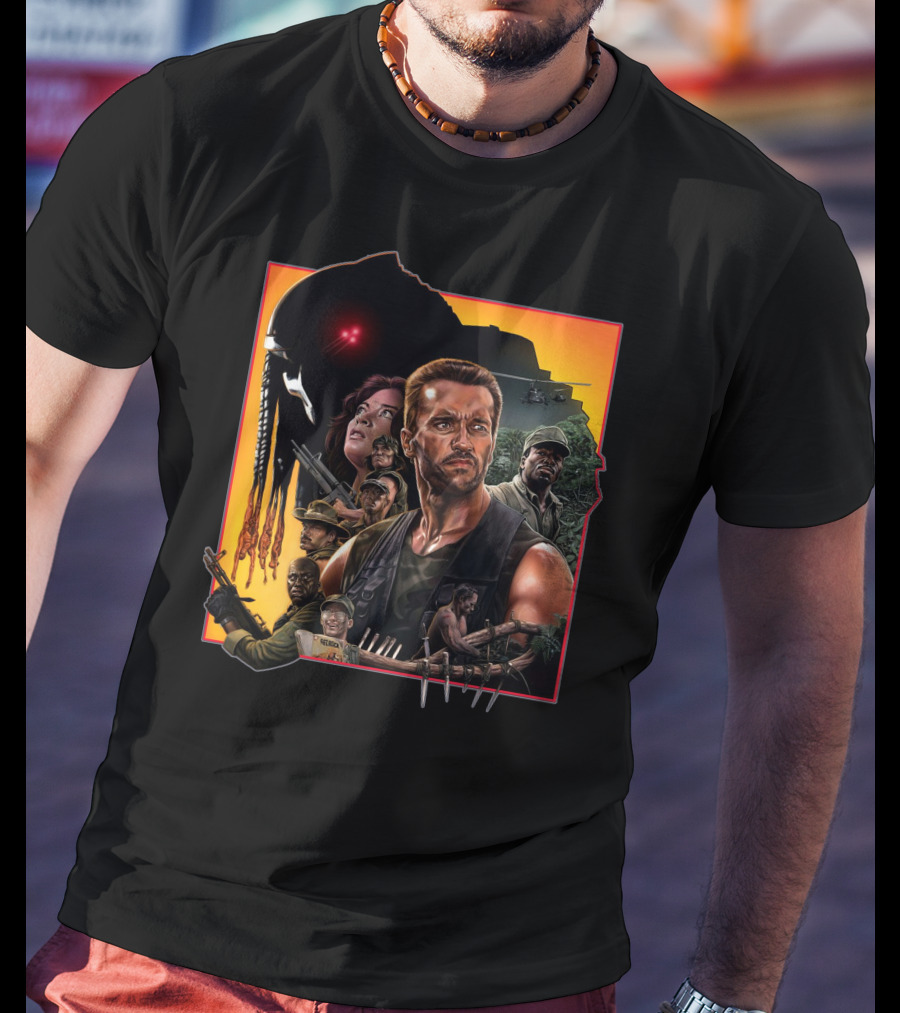 Predator Movie Characters And Jungle Battle Scene T-Shirt
