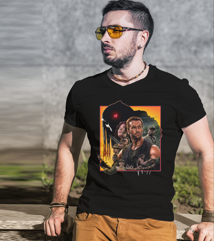 Predator Movie Characters And Jungle Battle Scene T-Shirt