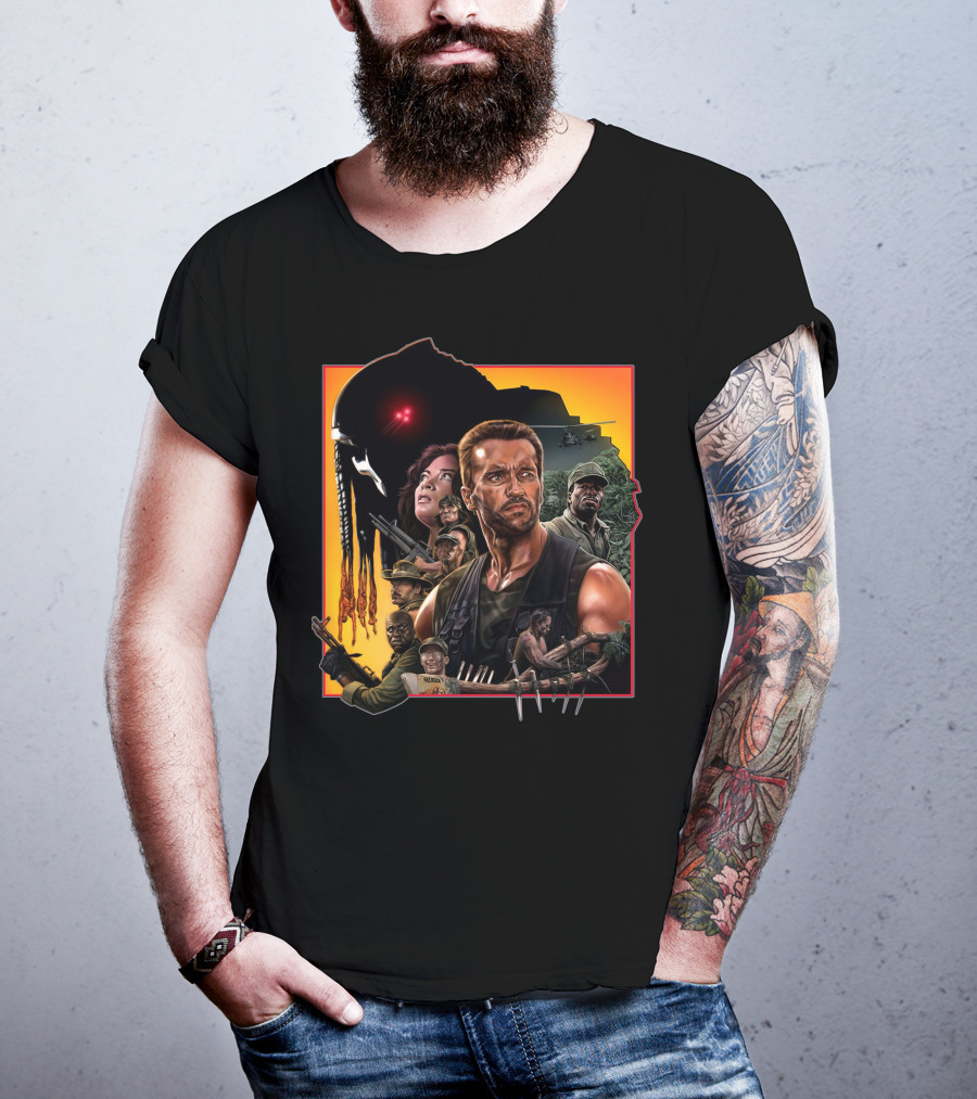 Predator Movie Characters And Jungle Battle Scene T-Shirt