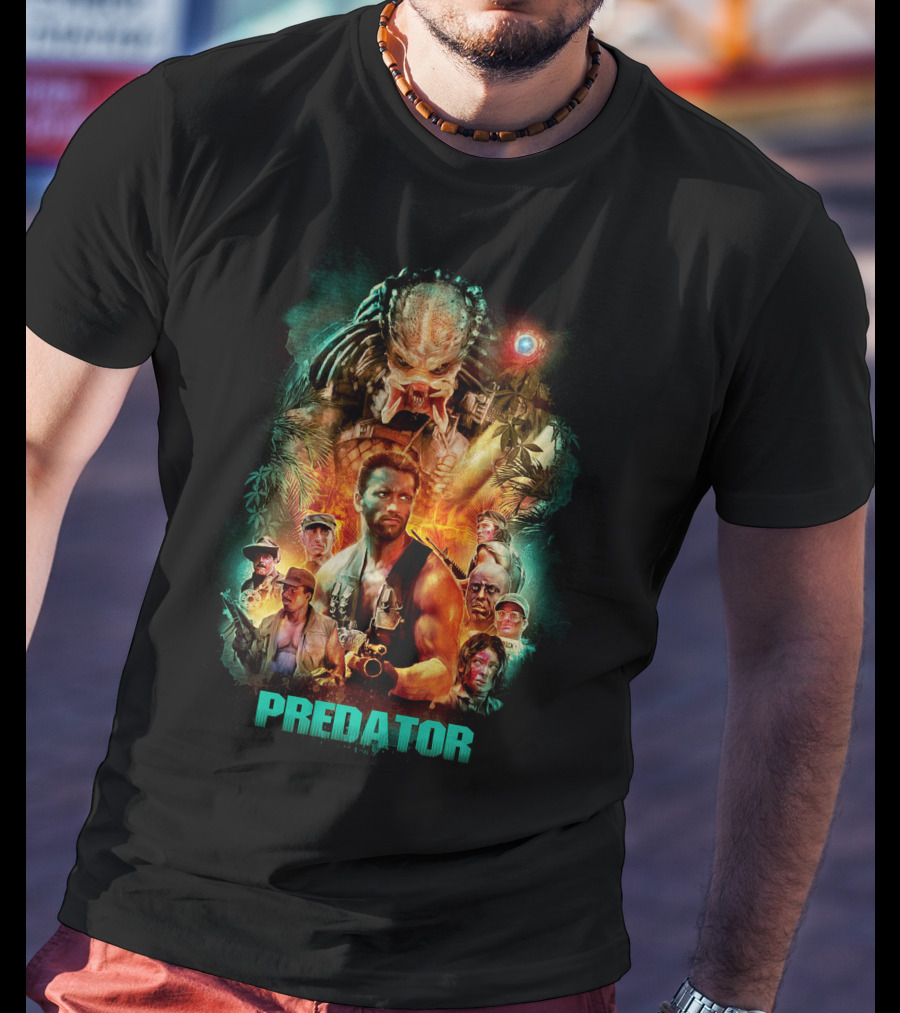 Predator Movie Collage Featuring Iconic Characters And Alien Hunter T-Shirt