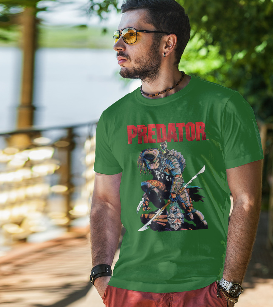 Predator Armored Warrior Kneeling With Blade And Skull Trophy T-Shirt