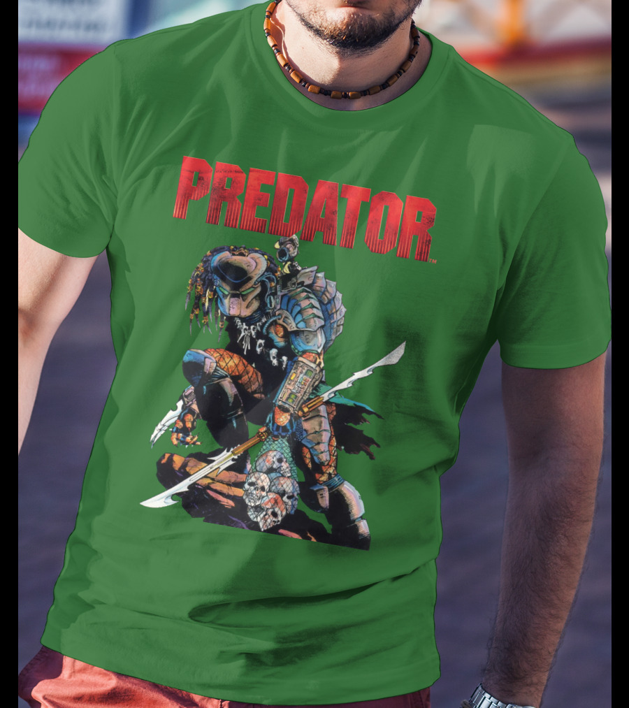Predator Armored Warrior Kneeling With Blade And Skull Trophy T-Shirt