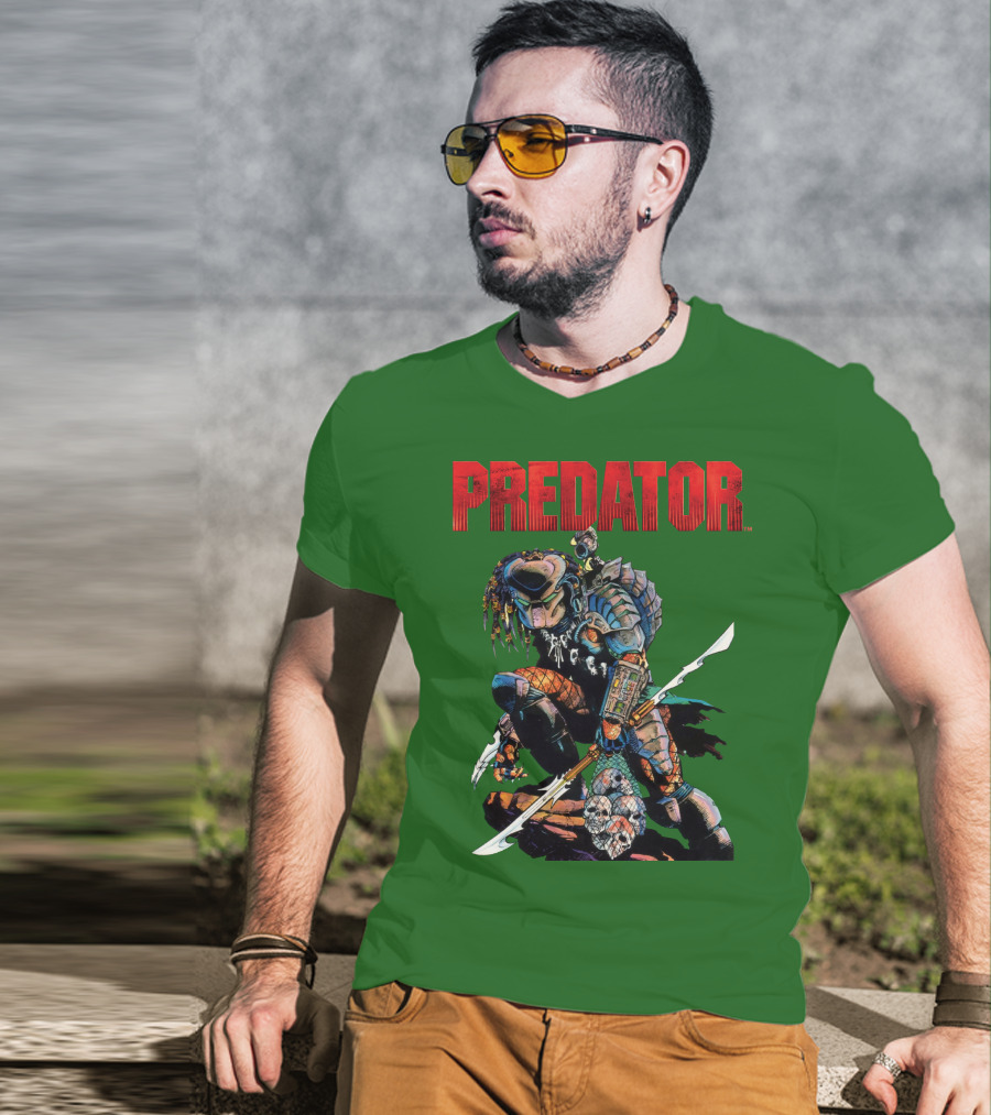 Predator Armored Warrior Kneeling With Blade And Skull Trophy T-Shirt