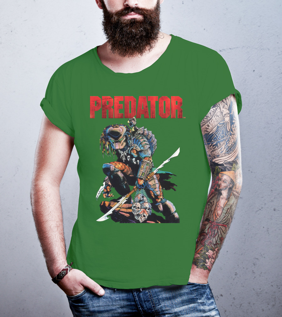 Predator Armored Warrior Kneeling With Blade And Skull Trophy T-Shirt