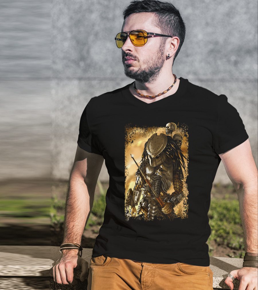 Predator Alien Warrior With Skulls And Dreadlocks T-Shirt