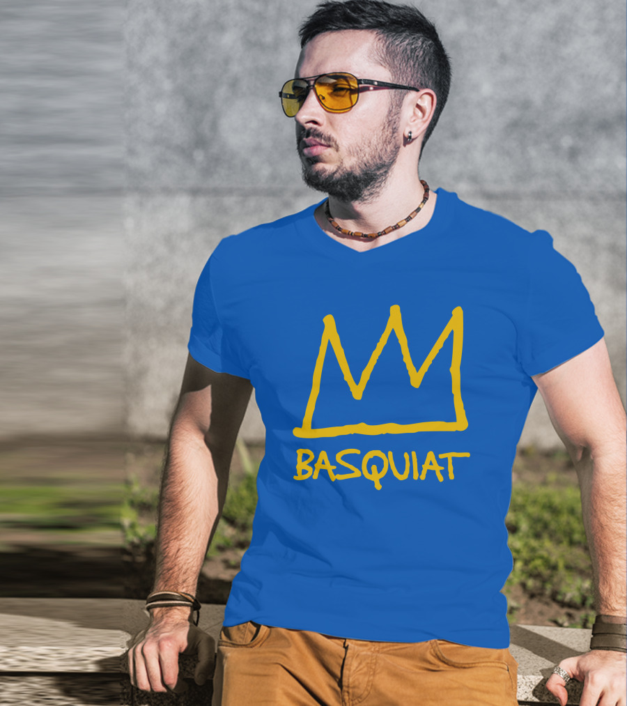 Basquiat Crown Icon Yellow On Blue T-Shirt