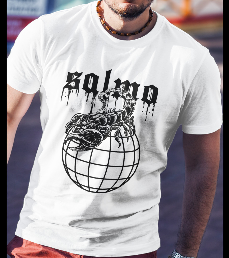 Salmo Scorpio With Dripping Text And Scorpion On Globe T-Shirt