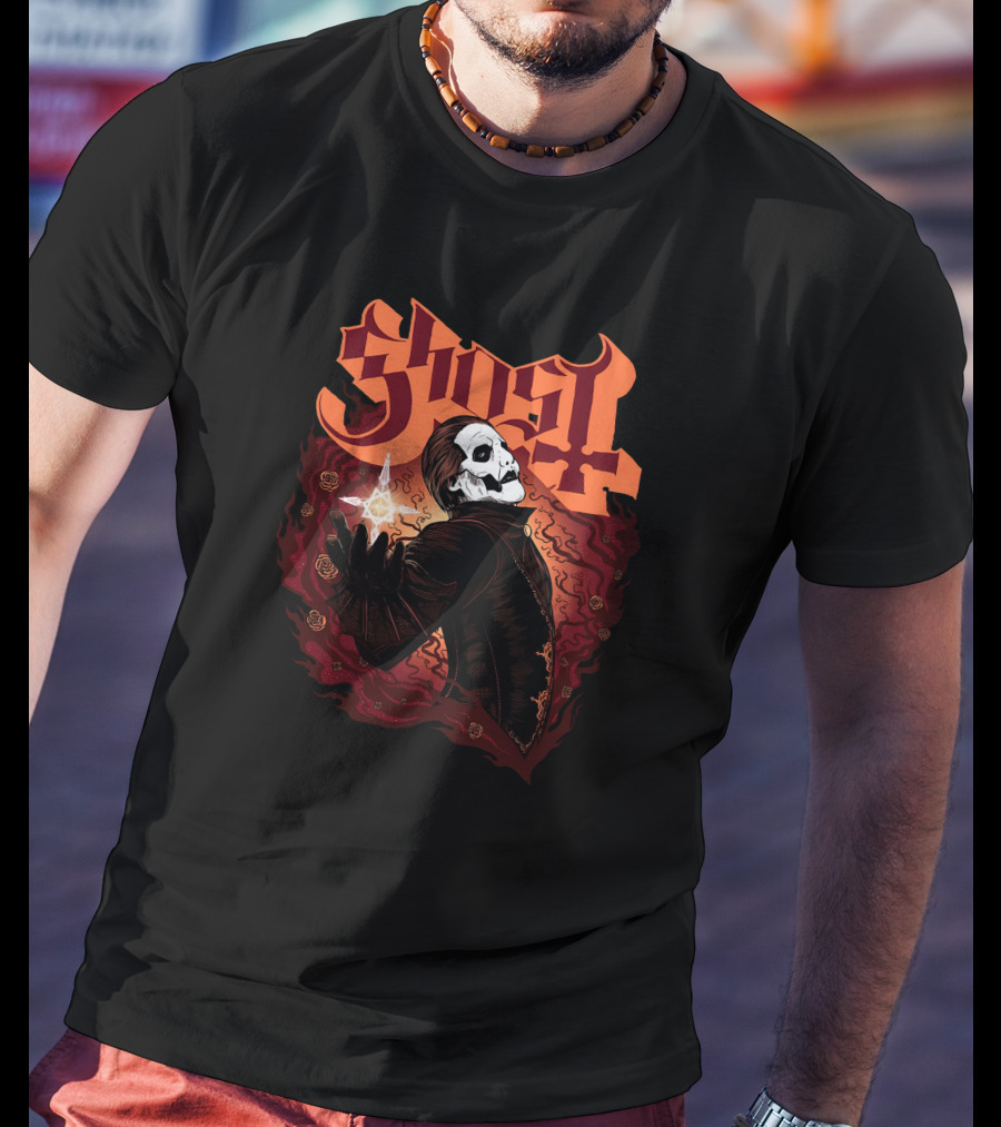 Ghost Band Skull Figure Red Flames T-Shirt