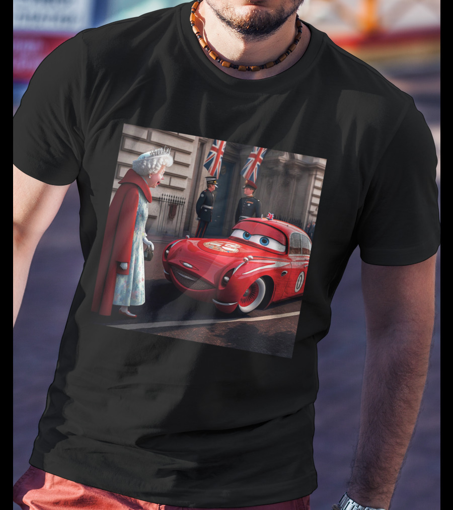 Lightning McQueen Meets Queen Of England With British Guards And Flags T-Shirt