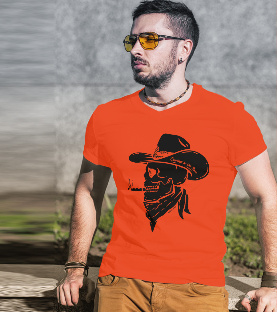 Cowboy To The Bone Skeleton Smoking Bandana Hat T-Shirt