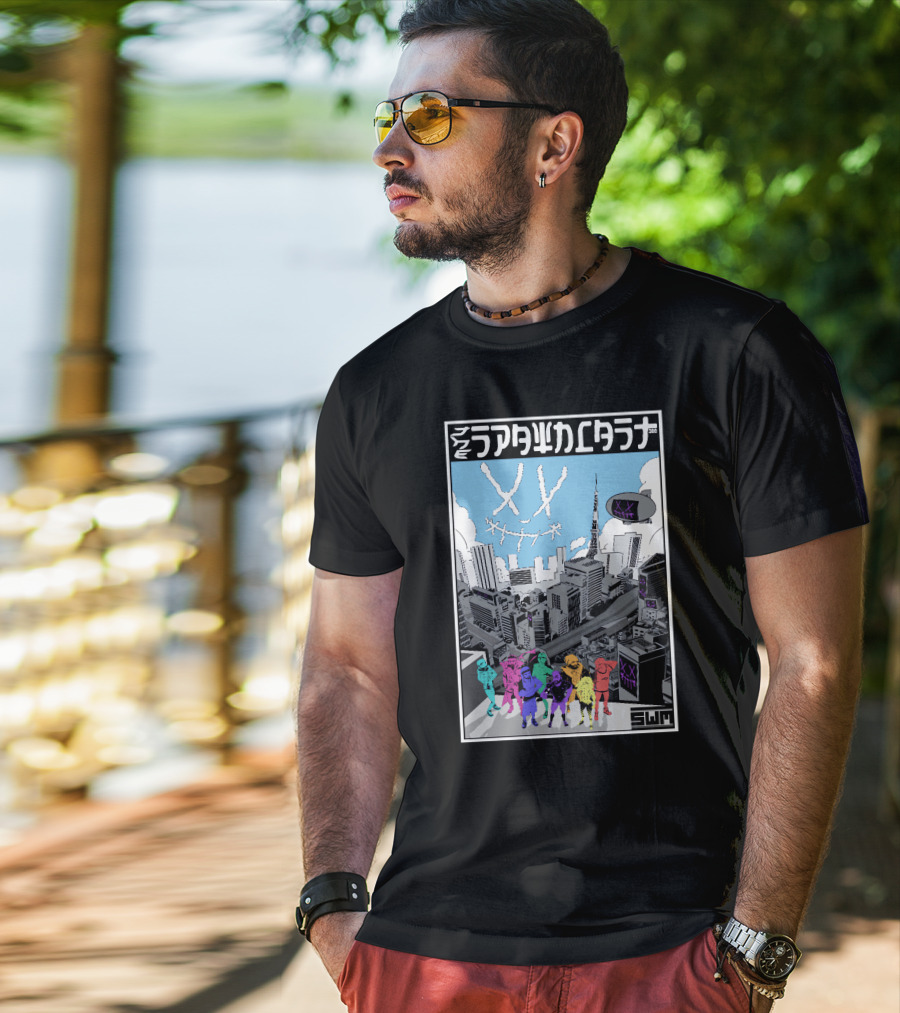 Spawncast Cyberpunk Cityscape With Masked Figures And Smiling Skyline Eyes T-Shirt
