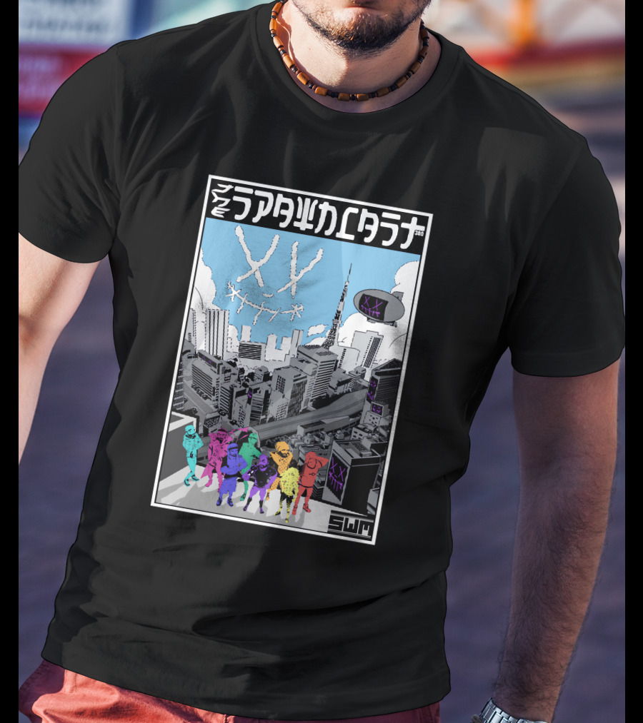 Spawncast Cyberpunk Cityscape With Masked Figures And Smiling Skyline Eyes T-Shirt