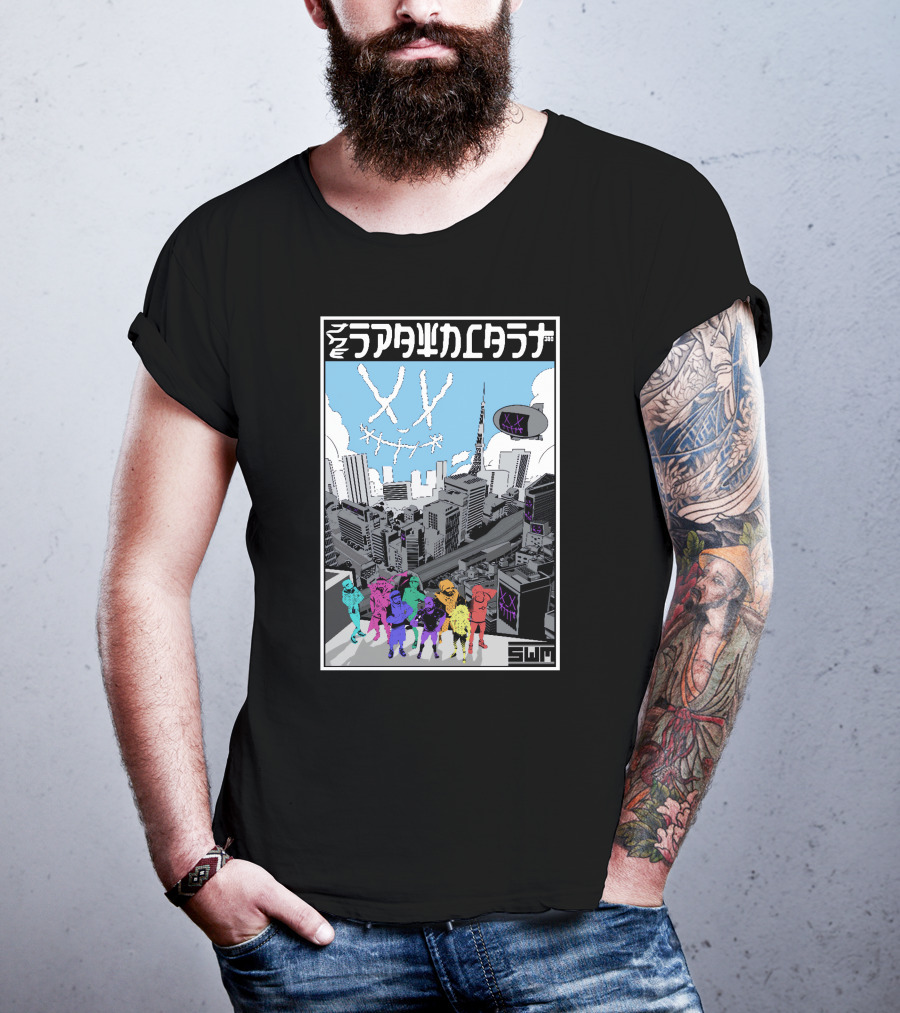 Spawncast Cyberpunk Cityscape With Masked Figures And Smiling Skyline Eyes T-Shirt