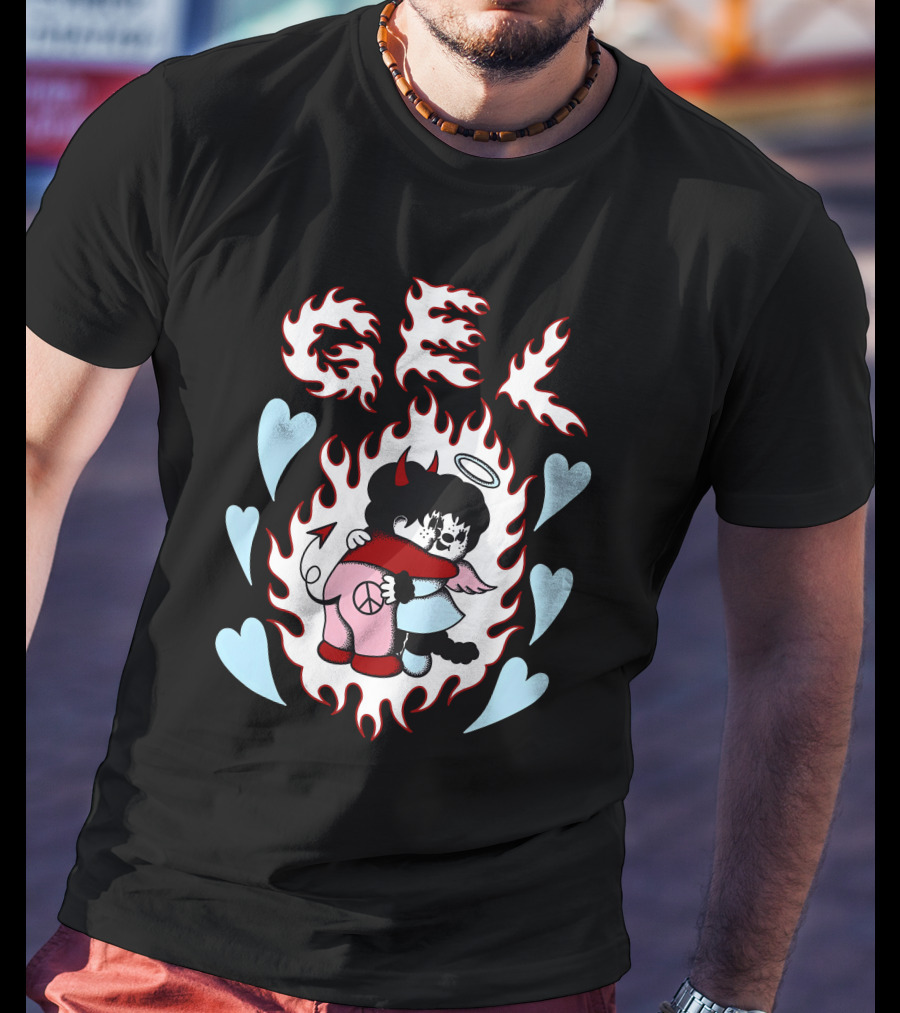 GEL Flaming Angels And Demons Embrace With Hearts T-Shirt
