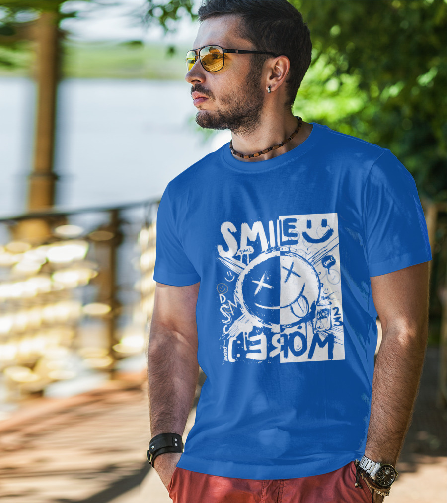 Smile More April Members Only Blue Grunge Style Smiley Face T-Shirt