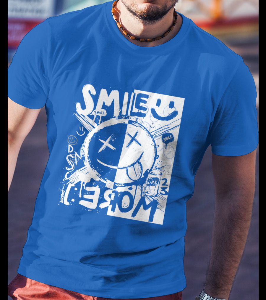 Smile More April Members Only Blue Grunge Style Smiley Face T-Shirt