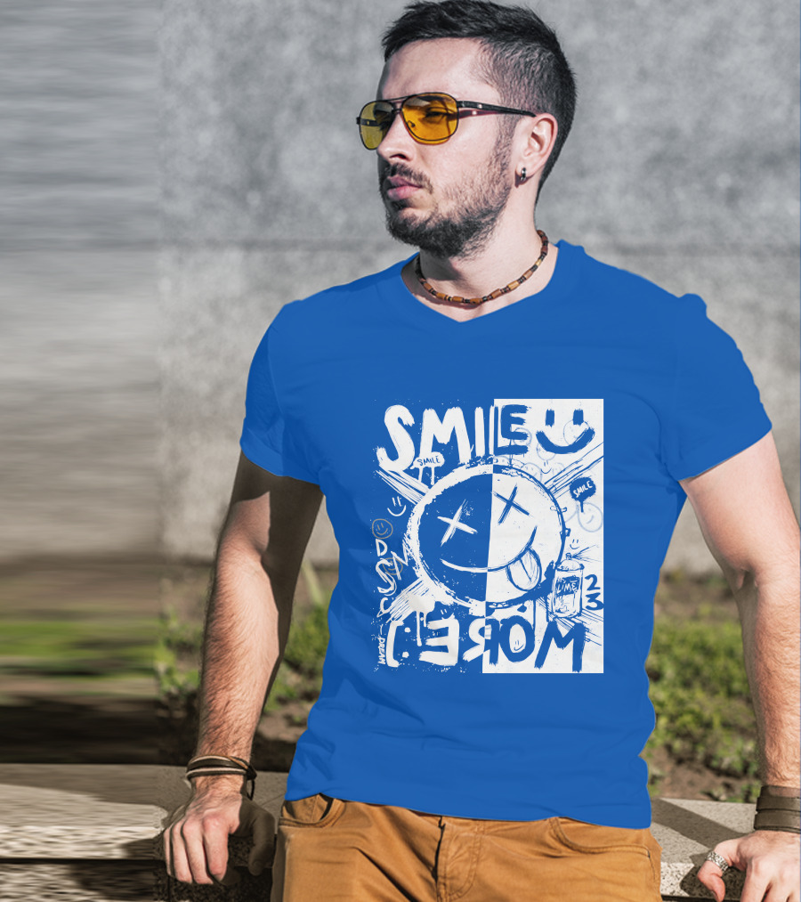 Smile More April Members Only Blue Grunge Style Smiley Face T-Shirt