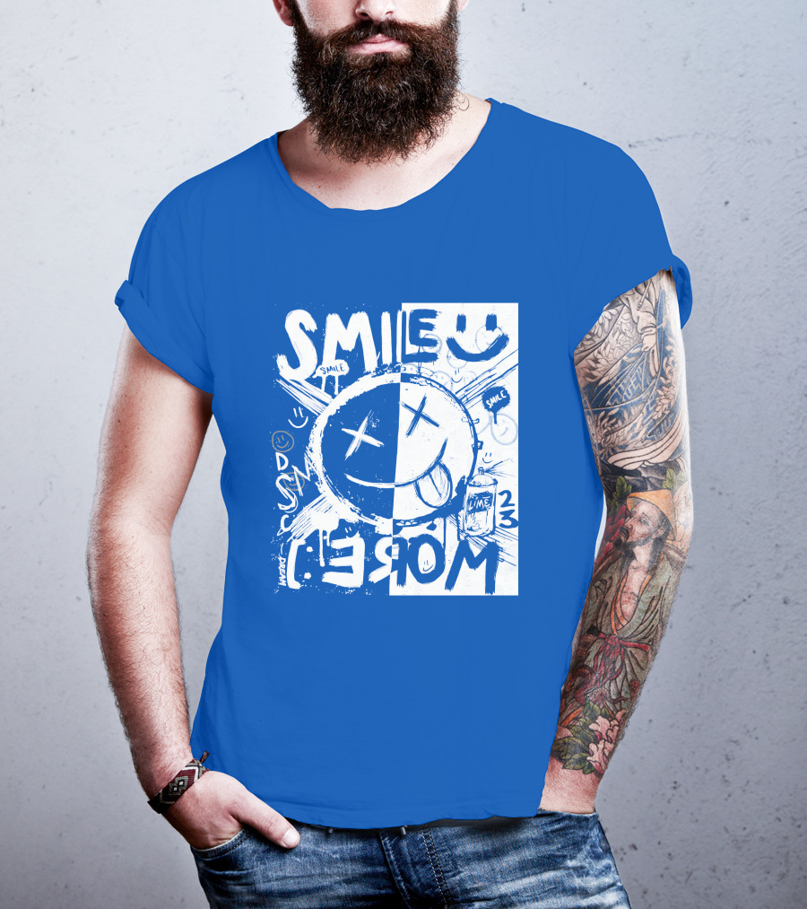 Smile More April Members Only Blue Grunge Style Smiley Face T-Shirt
