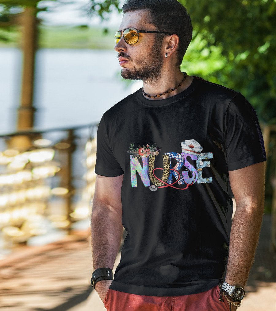 Nurse Colorful Floral Animal Print Stethoscope Hat T-Shirt