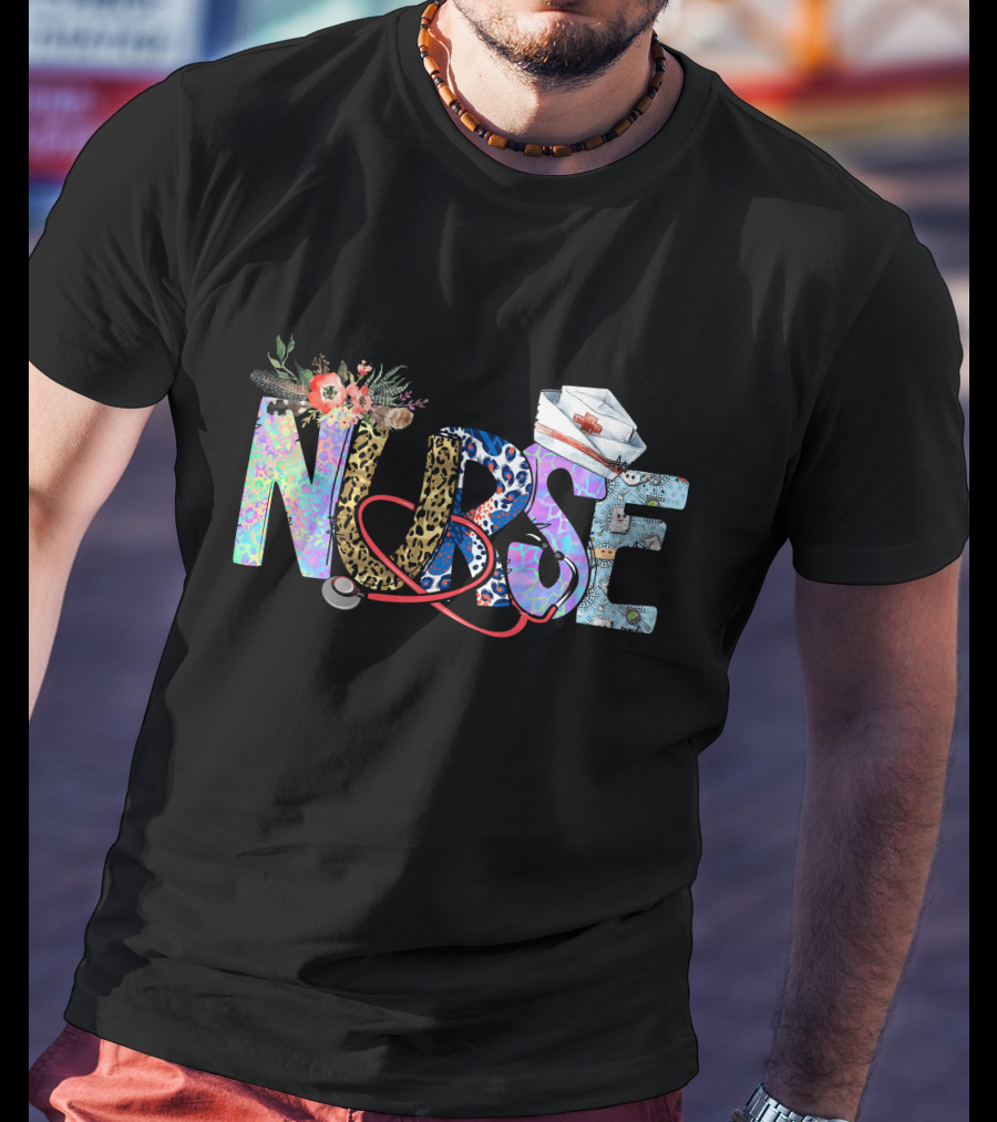 Nurse Colorful Floral Animal Print Stethoscope Hat T-Shirt