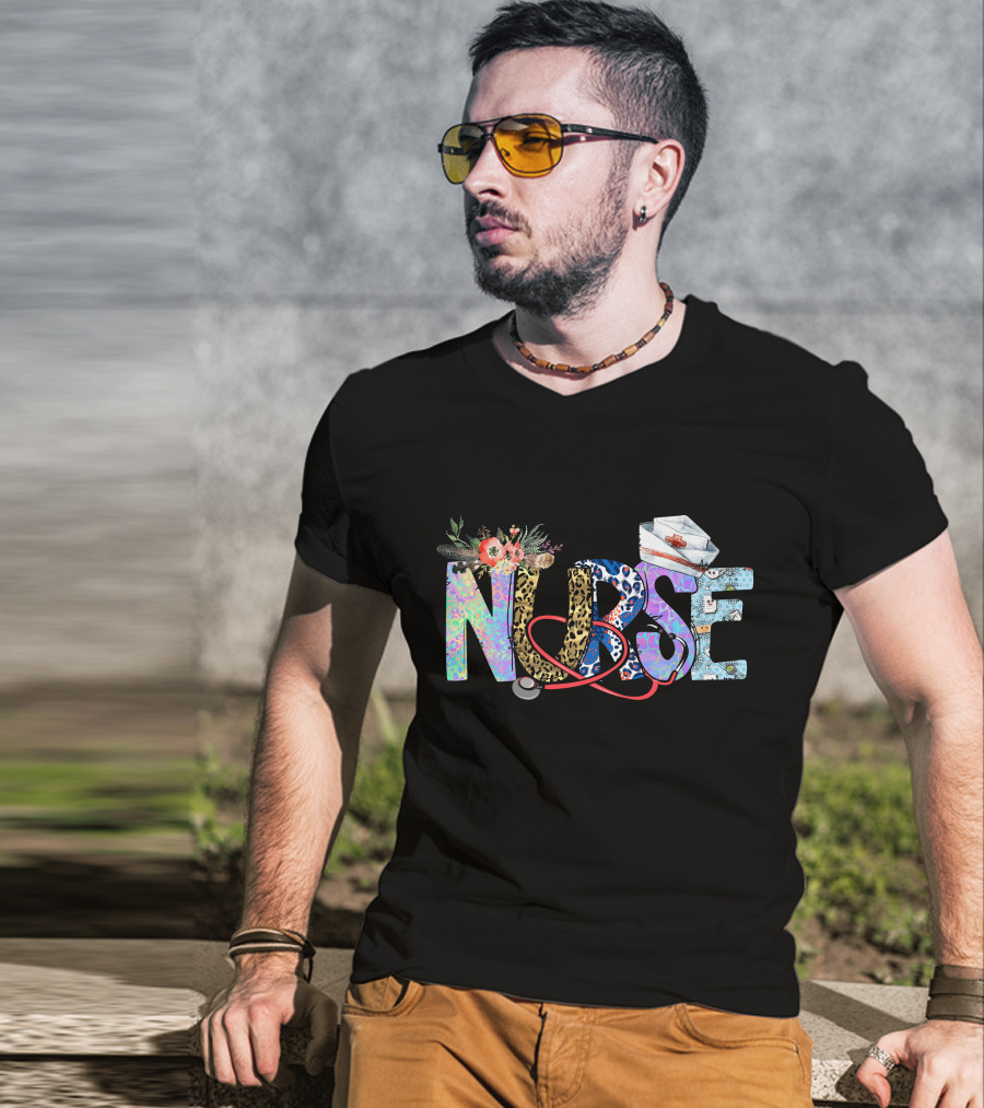 Nurse Colorful Floral Animal Print Stethoscope Hat T-Shirt