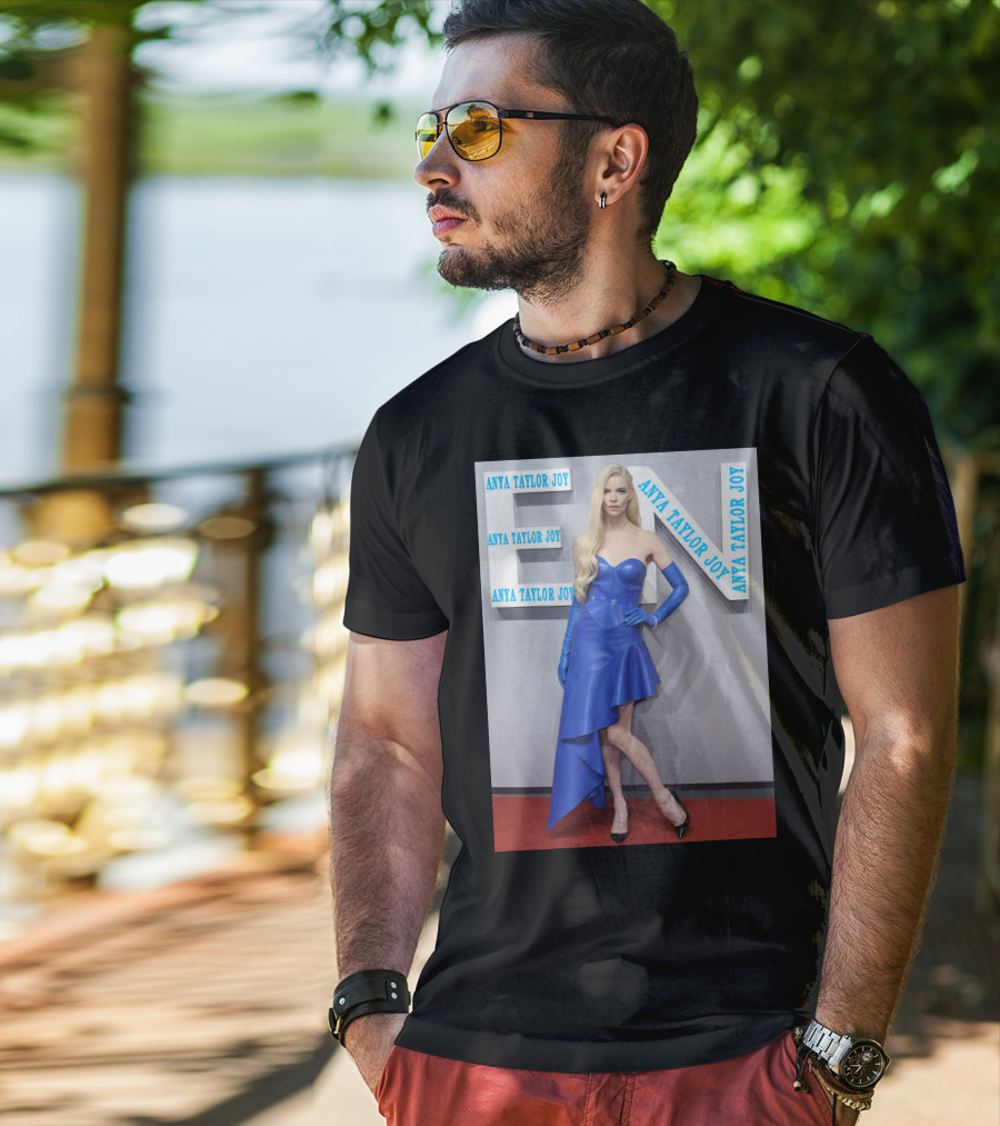 Anya Taylor Joy Blue Dress Ensemble With Long Gloves T-Shirt
