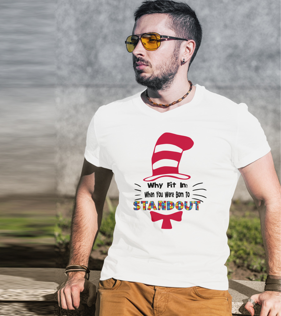 Why Fit In When You Were Born To Standout Autism Cat Hat Puzzle T-Shirt