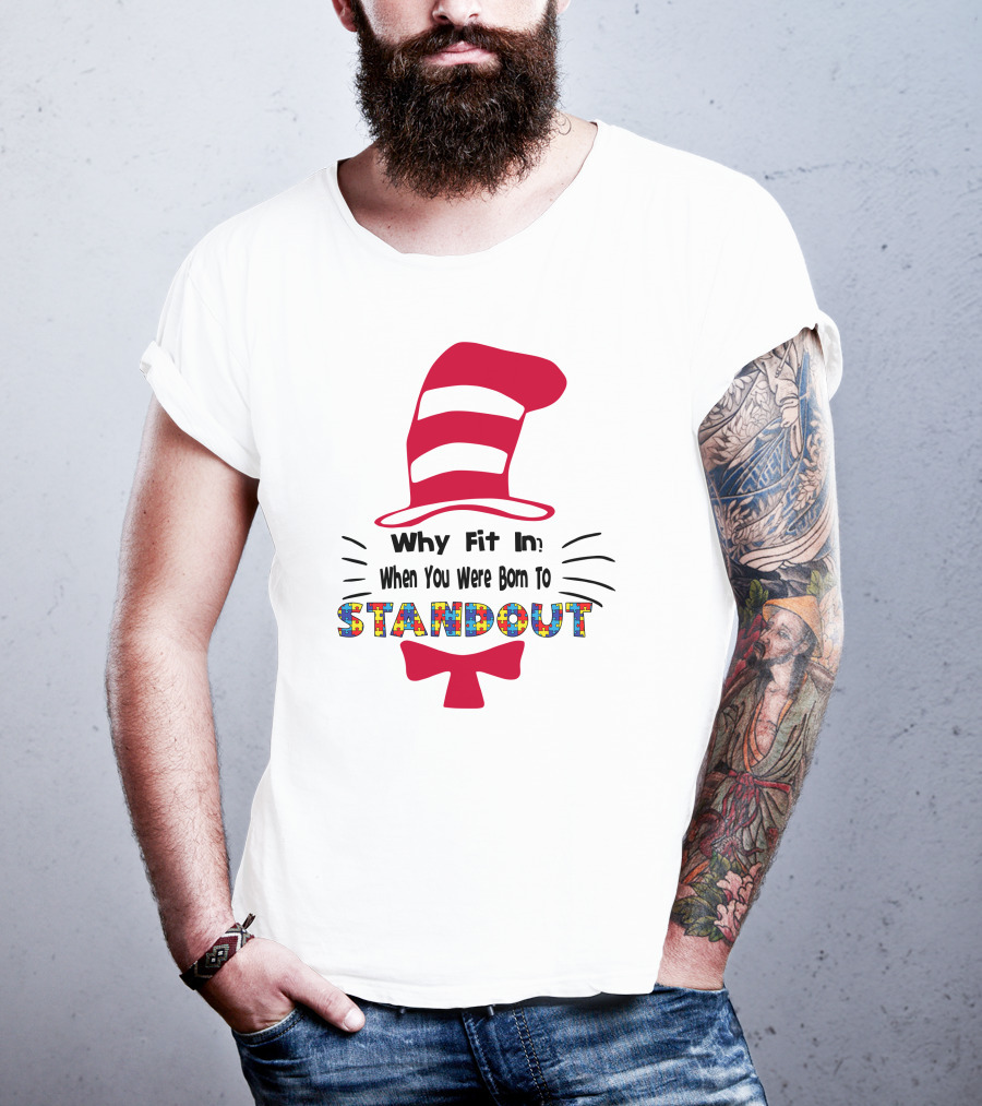 Why Fit In When You Were Born To Standout Autism Cat Hat Puzzle T-Shirt