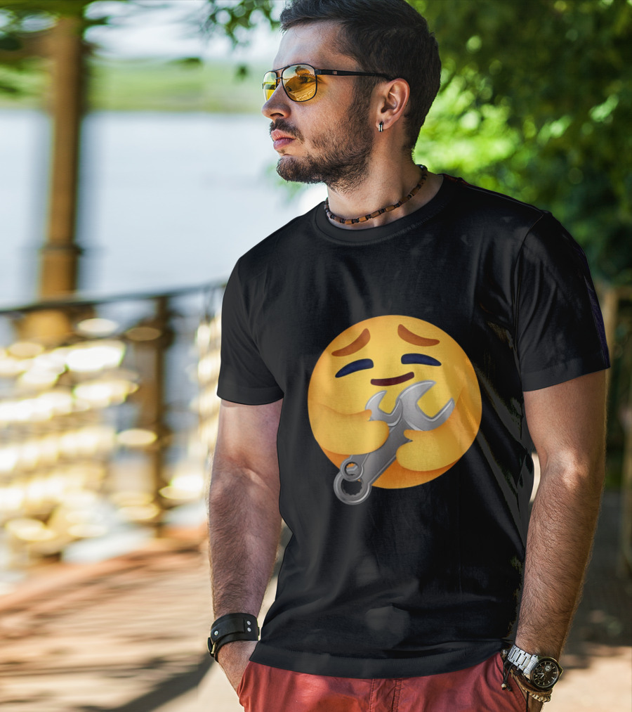Funny Mechanic Emotion Hugging Wrench Emoji T-Shirt